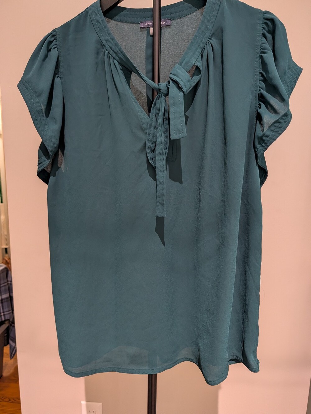 Tommy Hilfiger Dark Green Tie-Neck Short Sleeve Blouse